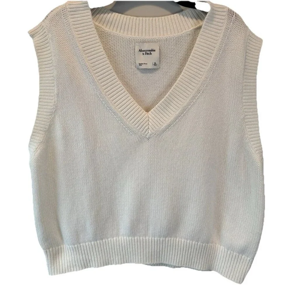 Abercrombie & Fitch Womens White Chunky VNeck Sweater Vest XL Preppy Academia - Picture 3 of 7